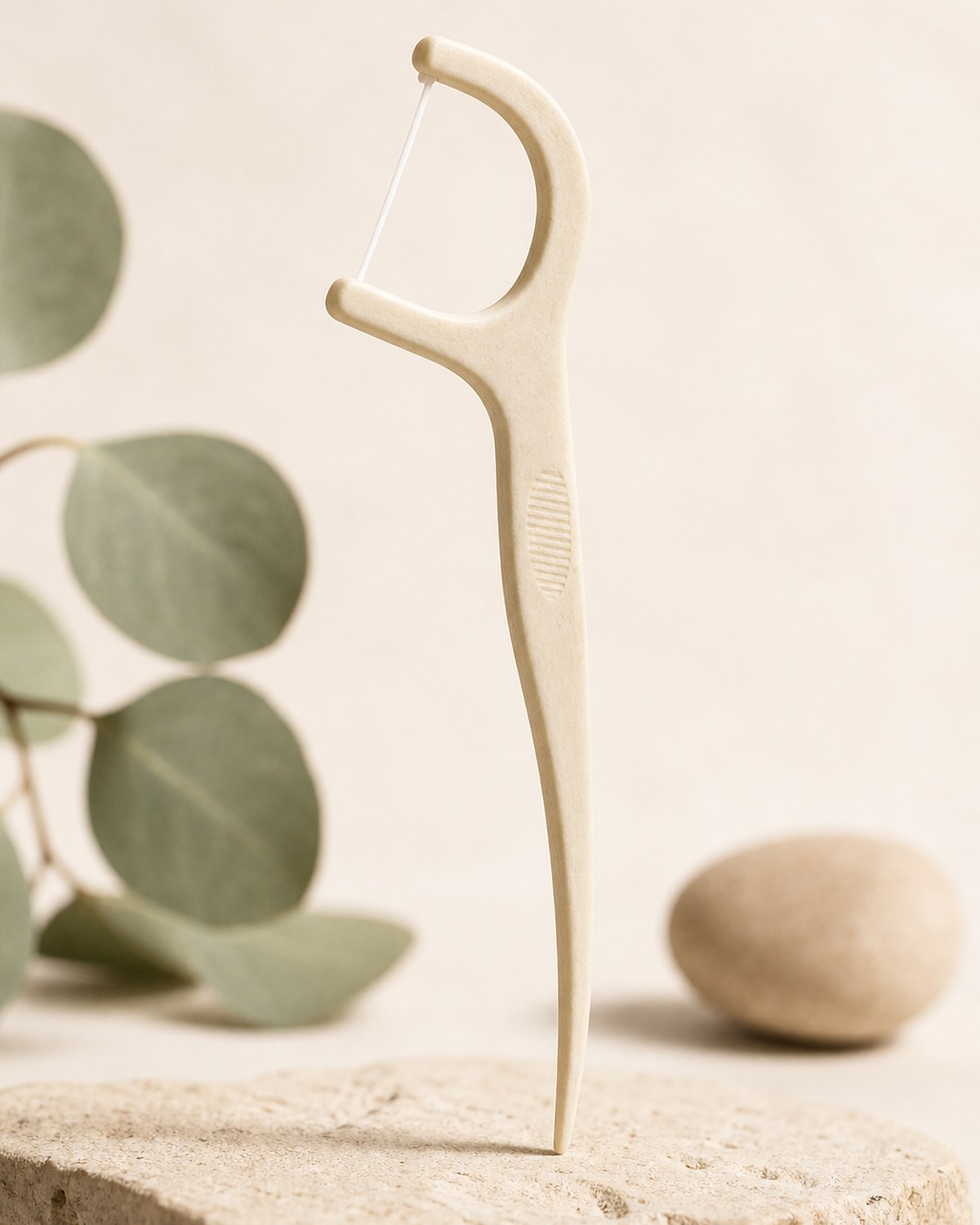 tēra biodegradable floss pick standing upright on a bone-coloured surface in soft daylight